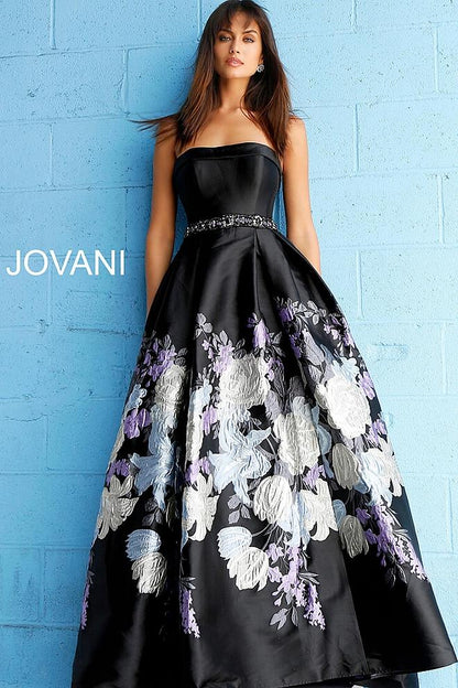 Black Multi Embellished Belt Strapless Evening Jovani Ballgown 61373 - Elbisny