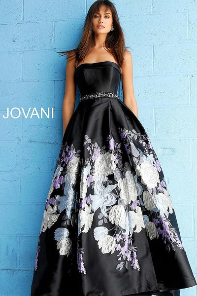 Black Multi Embellished Belt Strapless Evening Jovani Ballgown 61373 - Elbisny