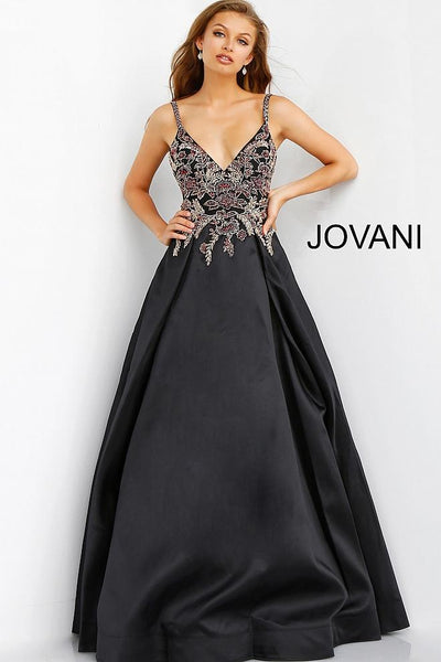 Black Multi Embellished Bodice V Neck Evening Jovani Ballgown 62140 - Elbisny