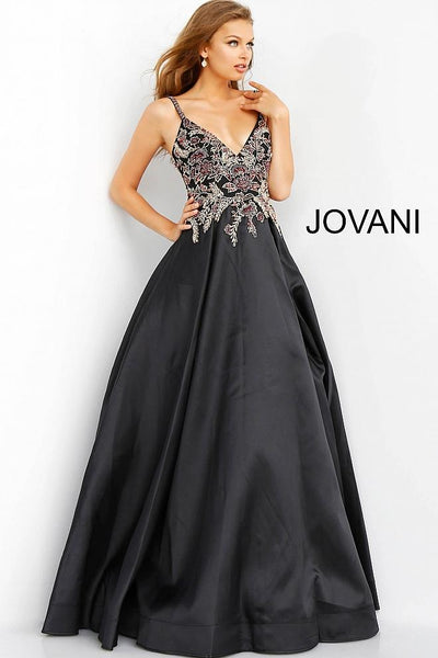 Black Multi Embellished Bodice V Neck Evening Jovani Ballgown 62140 - Elbisny