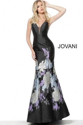 Black Print Plunging Neckline Mermaid Evening Jovani Dress 64289 - Elbisny