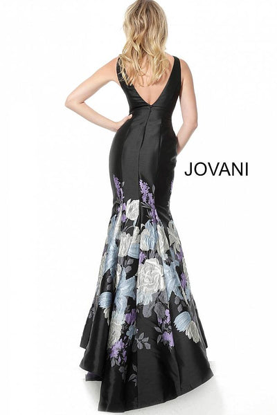 Black Print Plunging Neckline Mermaid Evening Jovani Dress 64289 - Elbisny