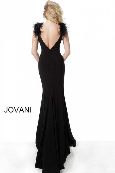 Black V Neck Feather Shoulders Evening Jovani Gown 68596 - Elbisny