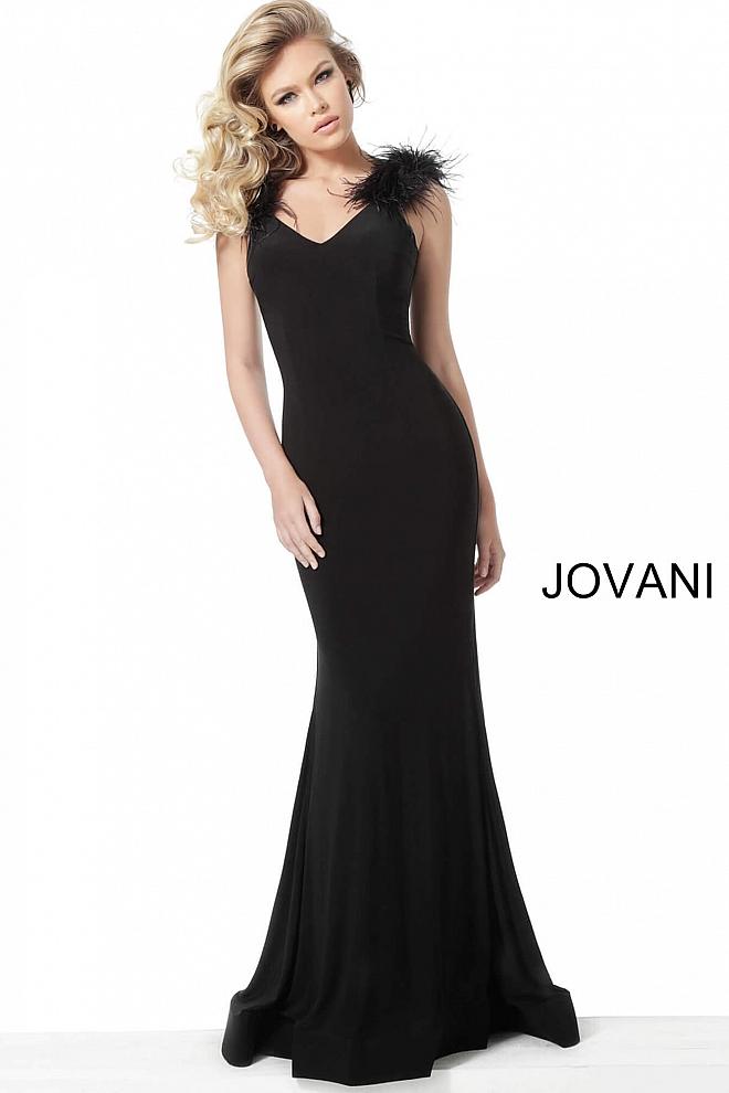 Black V Neck Feather Shoulders Evening Jovani Gown 68596 - Elbisny