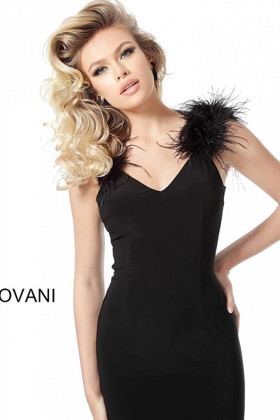 Black V Neck Feather Shoulders Evening Jovani Gown 68596 - Elbisny
