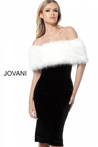 Black White Fur Cape Velvet Cocktail Jovani Dress 63883 - Elbisny