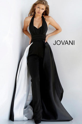 Black White Halter Neck Pleated Bodice Evening Jovani Jumpsuit 59237 - Elbisny