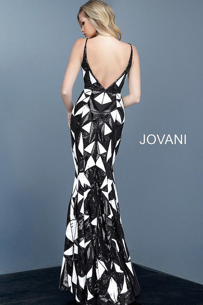 Black White Plunging Neckline Spaghetti Straps Evening Jovani Dress 2250 - Elbisny