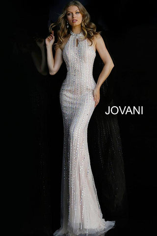 Blush High Neck Backless Beaded Evening Jovani Dress 60302 - Elbisny