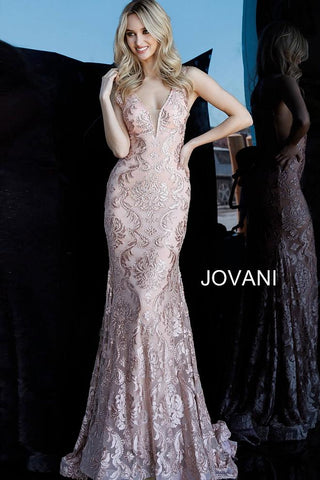 Blush Lace Plunging Neckline Evening Jovani Dress 68445 - Elbisny