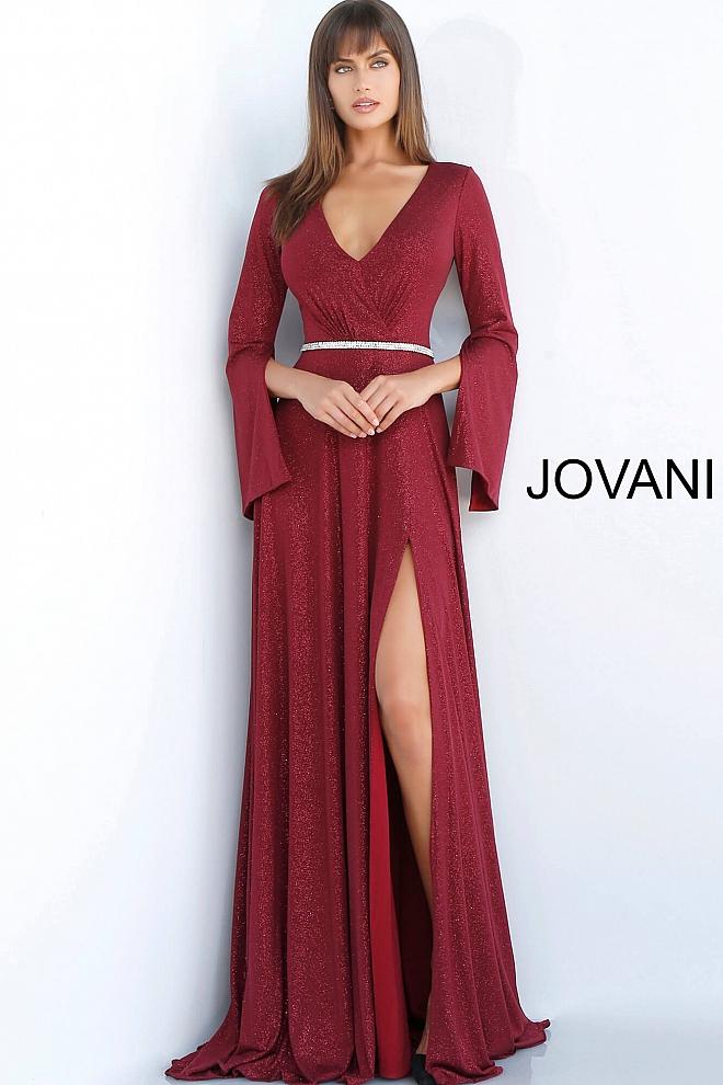 Burgundy Long Sleeve Embellished Belt Evening Jovani Gown 63124 - Elbisny