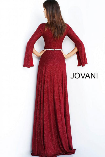 Burgundy Long Sleeve Embellished Belt Evening Jovani Gown 63124 - Elbisny