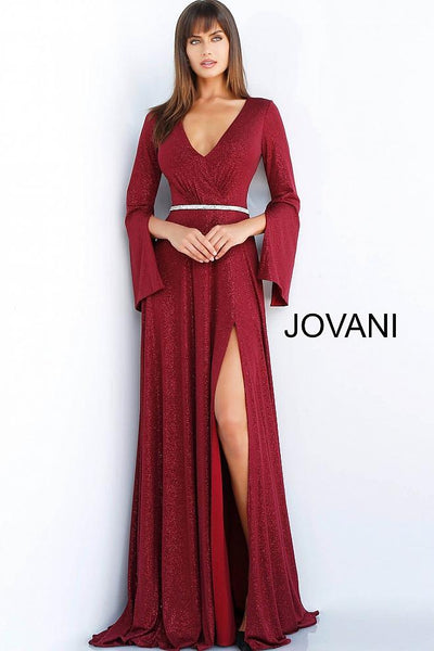 Burgundy Long Sleeve Embellished Belt Evening Jovani Gown 63124 - Elbisny