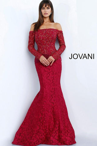 Burgundy Off the Shoulder Long Sleeve Evening Jovani Dress 64822 - Elbisny