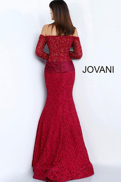 Burgundy Off the Shoulder Long Sleeve Evening Jovani Dress 64822 - Elbisny