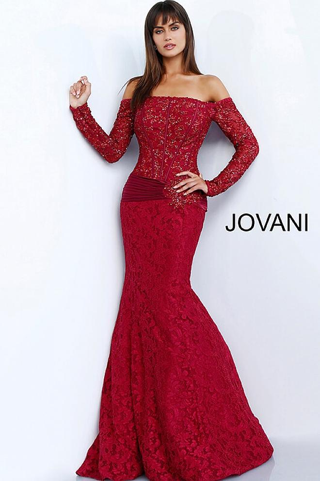 Burgundy Off the Shoulder Long Sleeve Evening Jovani Dress 64822 - Elbisny