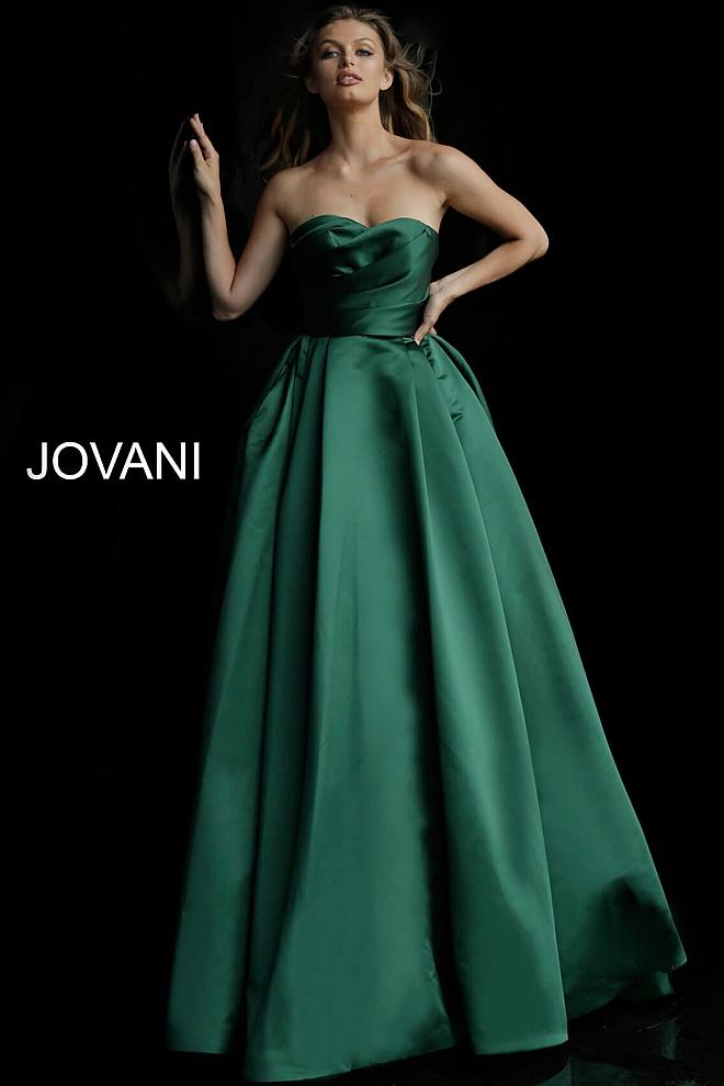 Dark Green Strapless Pleated Bodice Evening Jovani Ballgown 48861 - Elbisny