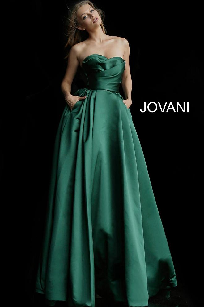 Dark Green Strapless Pleated Bodice Evening Jovani Ballgown 48861 - Elbisny