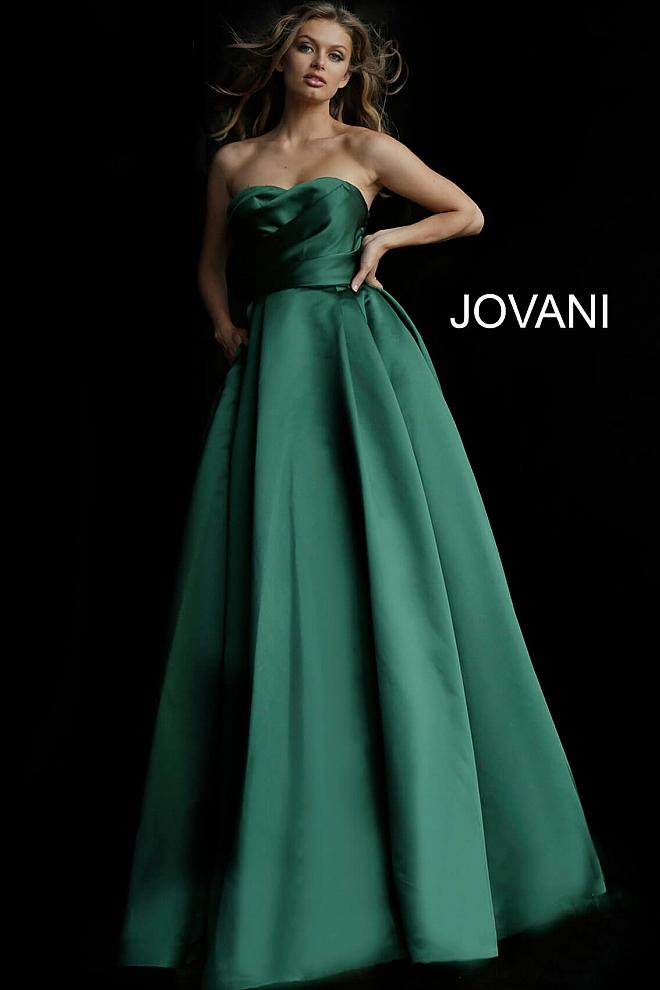 Dark Green Strapless Pleated Bodice Evening Jovani Ballgown 48861 - Elbisny