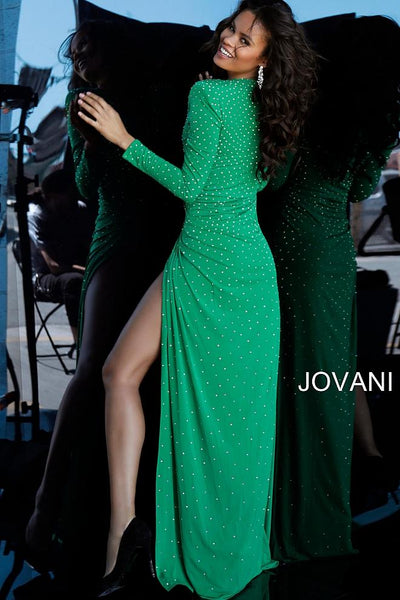 Emerald Beaded Plunging Neckline Jersey Prom Jovani Dress 3058 - Elbisny
