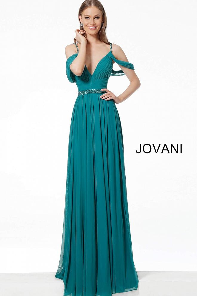 Emerald V Neck Pleated Bodice Chiffon Evening Jovani Dress 66337 - Elbisny