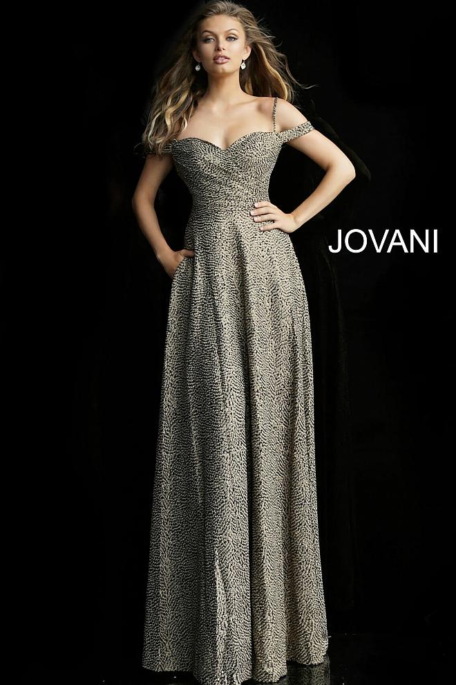 Gold Off the Shoulder A Line Evening Jovani Dress 60940 - Elbisny