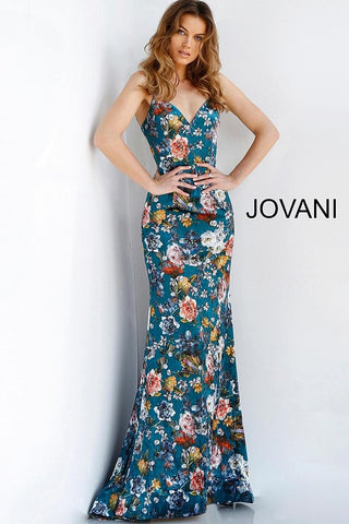 Green Multi V Neck Embellished Velvet Evening Jovani Dress 63576 - Elbisny