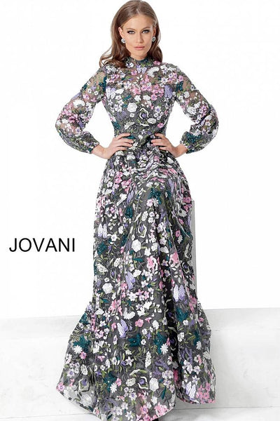 Grey Multi Embroidered Long Sleeve Evening Jovani Dress 68472 - Elbisny