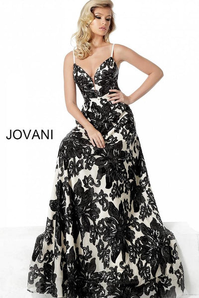 Ivory Black Spaghetti Straps Maxi Evening Jovani Dress 63362 - Elbisny
