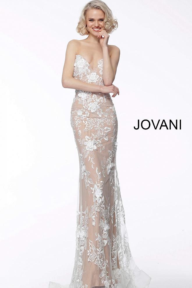 Ivory Nude Floral Appliques Strapless Evening Jovani Dress 64031 - Elbisny