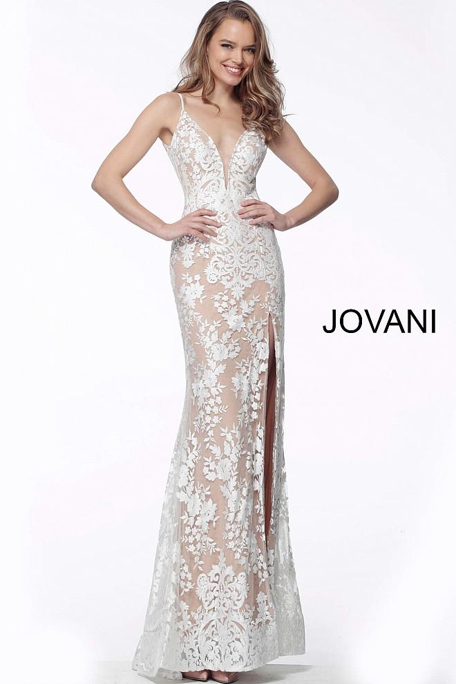 Ivory Nude Spaghetti Straps Lace Evening Jovani Dress 63754 Ivory Nude Spaghetti Straps Lace Evening Jovani Dress 63754