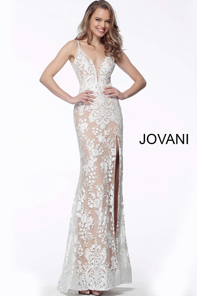 Ivory Nude Spaghetti Straps Lace Evening Jovani Dress 63754 - Elbisny