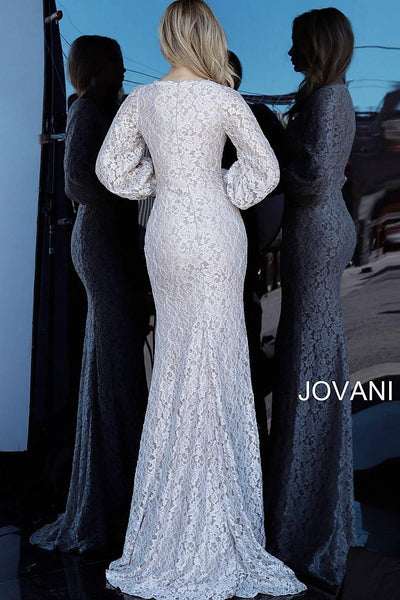 Ivory Nude V Neck Long Sleeve Lace Evening Jovani Dress 68536 - Elbisny
