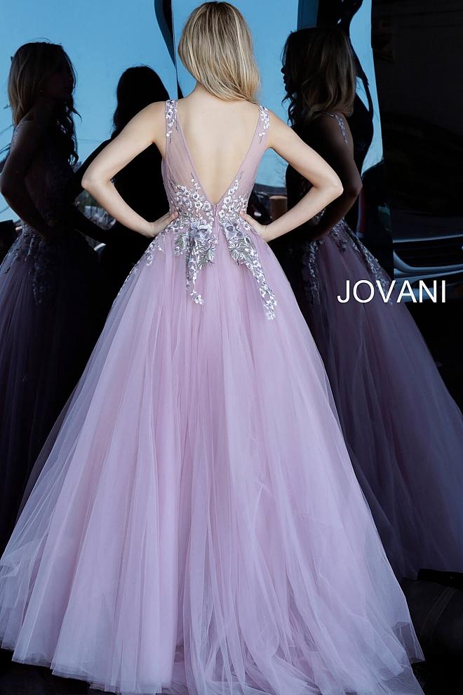 Mauve Floral Embroidered V Neck Prom Jovani Ballgown 67459 - Elbisny