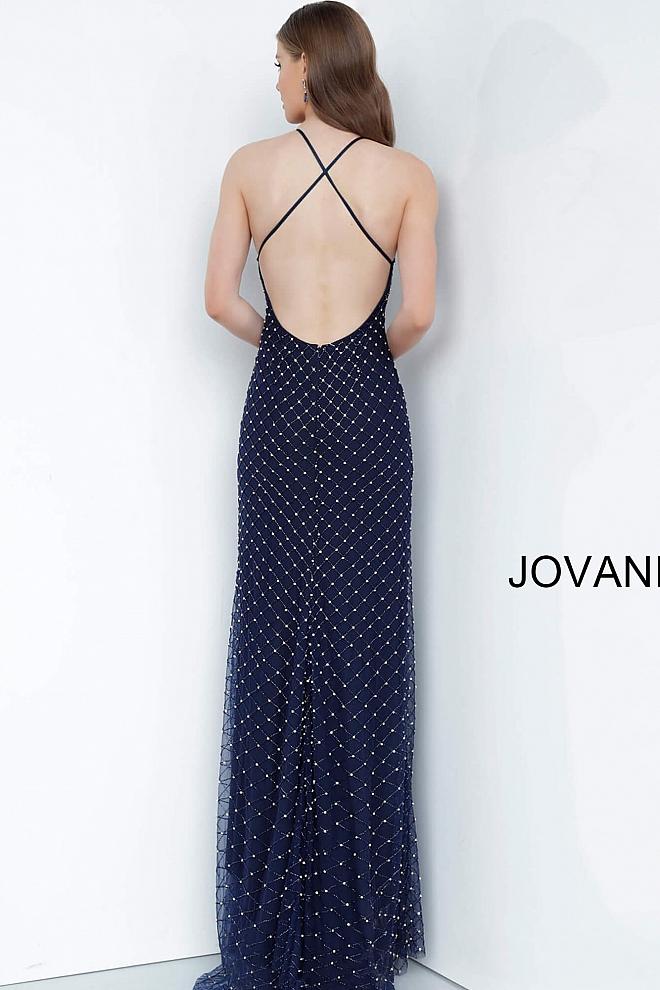 Navy Criss Cross Back Embellished Evening Jovani Dress 67317 - Elbisny