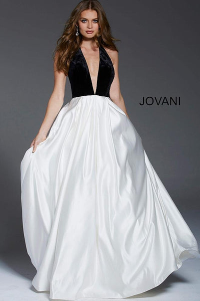 Navy Low V Halter Neckline Evening Jovani Gown 61203 - Elbisny