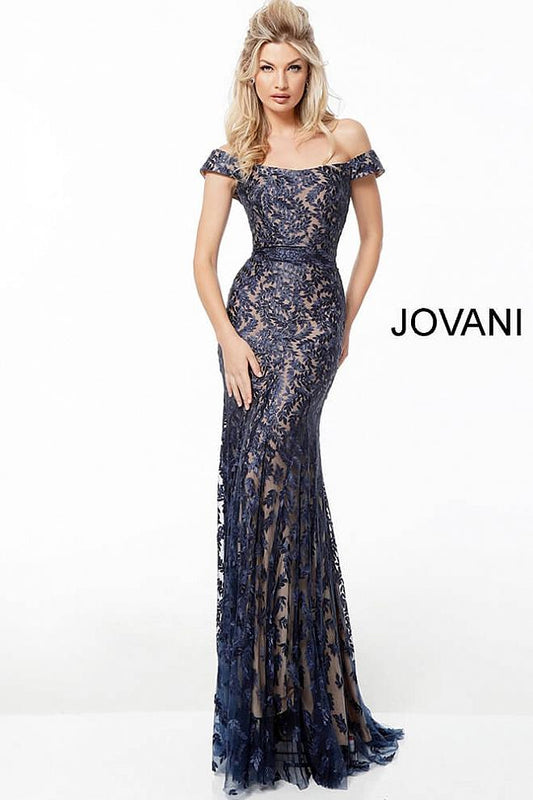 Navy off the Shoulder Lace Evening Jovani Dress 49634 - Elbisny