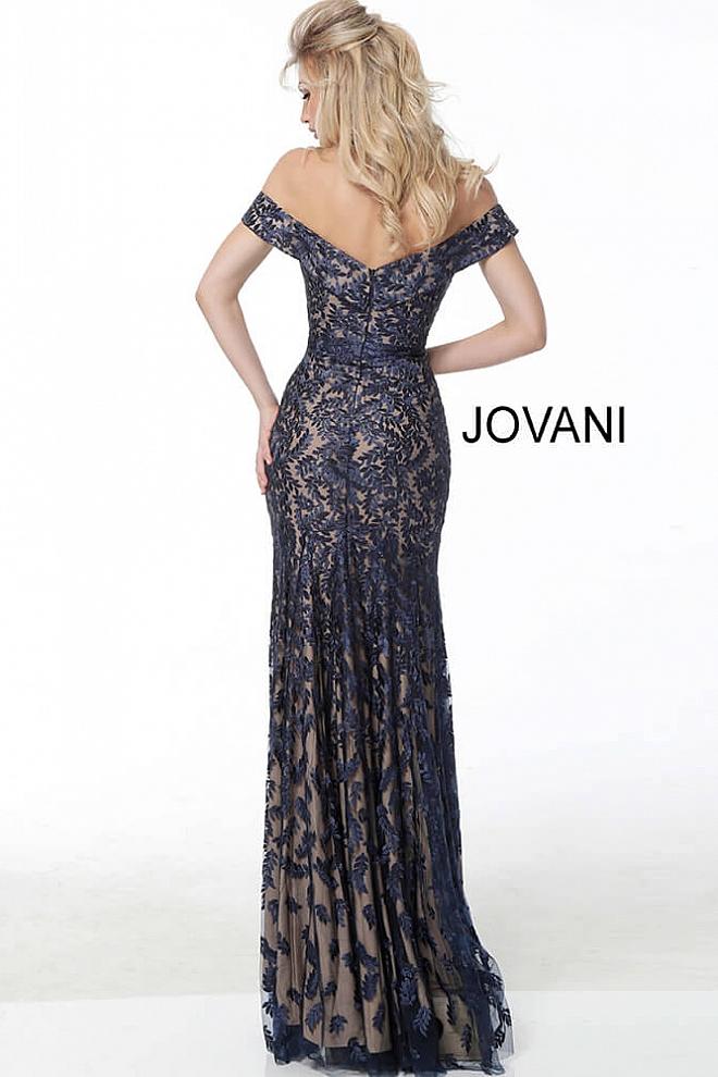 Navy off the Shoulder Lace Evening Jovani Dress 49634 - Elbisny