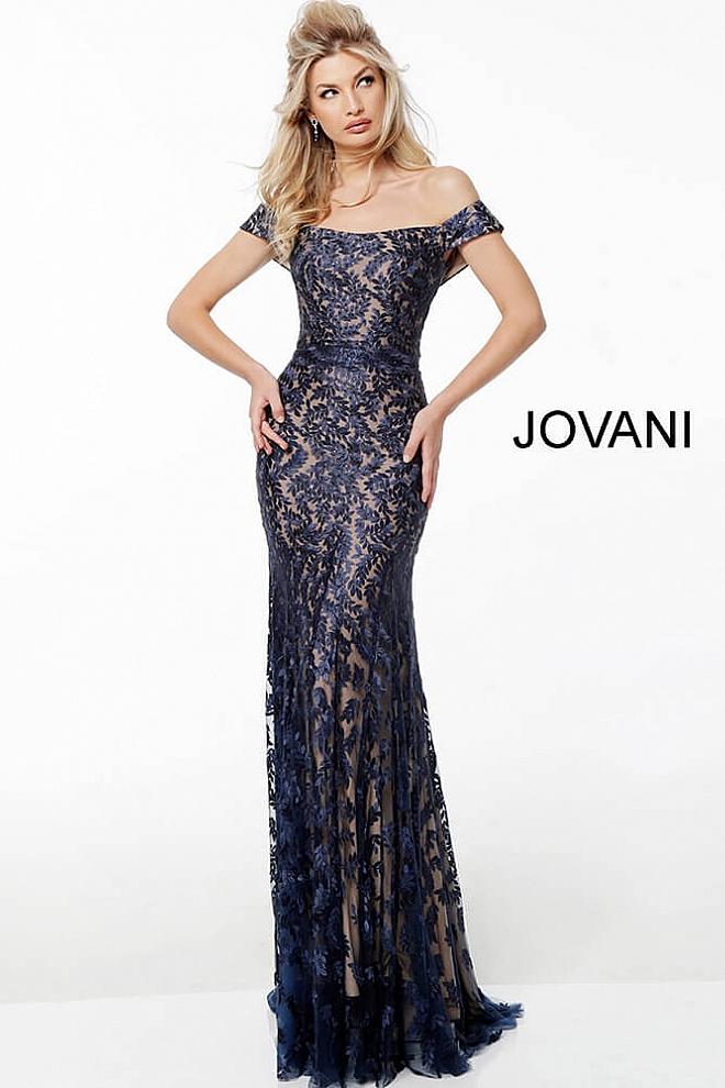 Navy off the Shoulder Lace Evening Jovani Dress 49634 - Elbisny