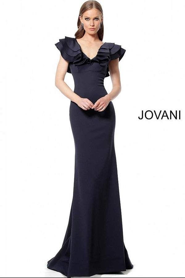 Navy Ruffle V Neck Evening Jovani Dress 68793 - Elbisny