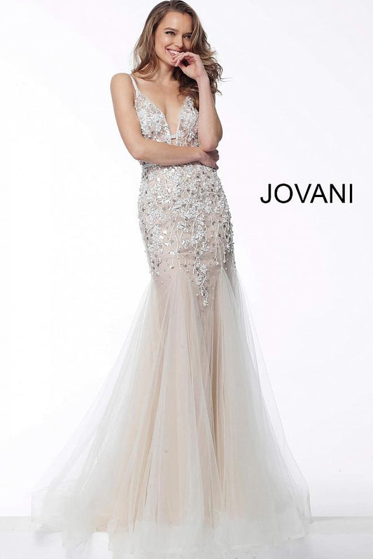 Nude Plunging Neckline Beaded Evening Jovani Dress 65325 - Elbisny