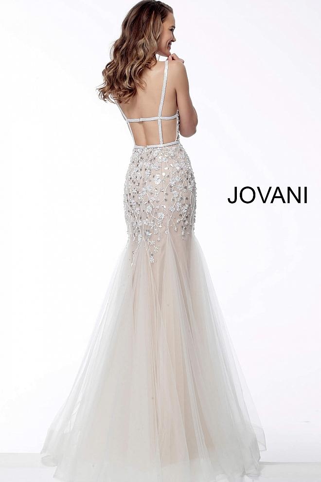 Nude Plunging Neckline Beaded Evening Jovani Dress 65325 - Elbisny