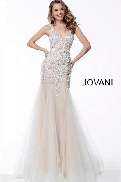 Nude Plunging Neckline Beaded Evening Jovani Dress 65325 - Elbisny