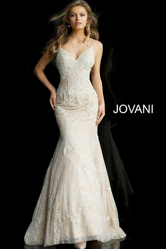 Nude Spaghetti Straps Embellished Mermaid Evening Jovani Dress 62763 - Elbisny