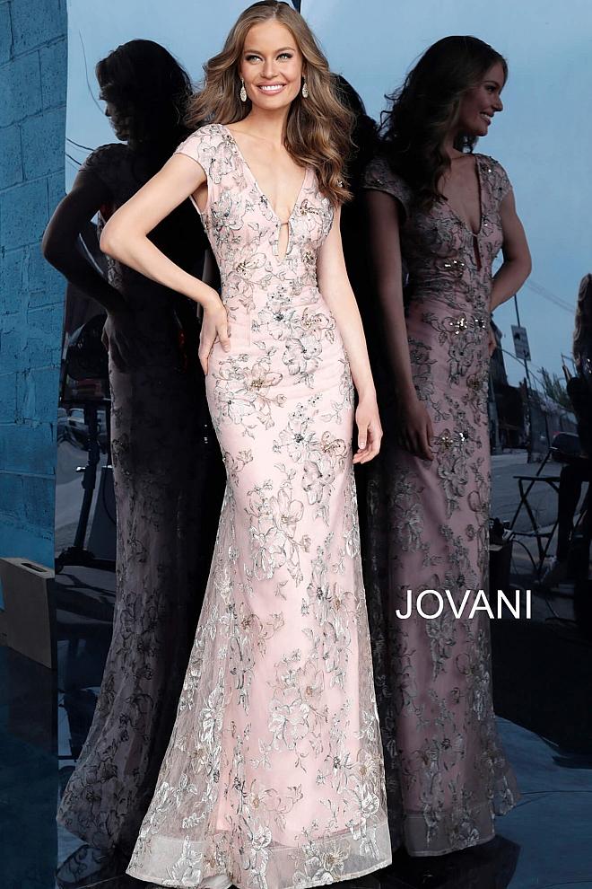 Pink Plunging Neckline Cap Sleeves Evening Jovani dress 62075 - Elbisny