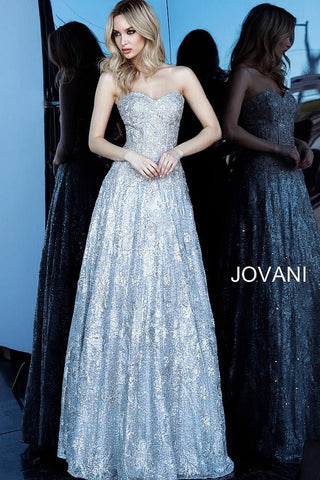 Platinum Strapless Embroidered A Line Evening Jovani Dress 60815 - Elbisny