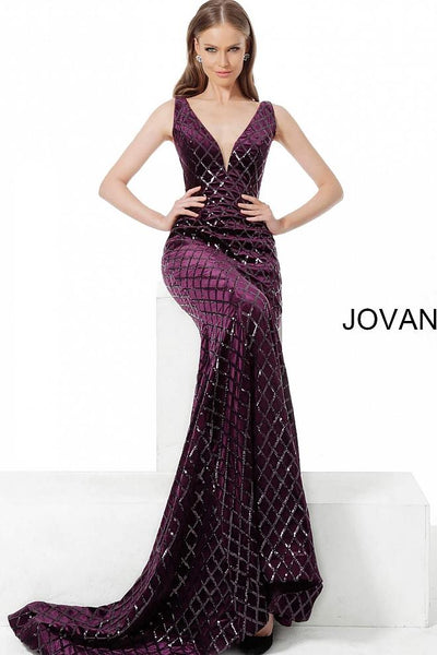 Purple Sequin Embellished Low V Neck Evening Jovani Dress 63514 - Elbisny