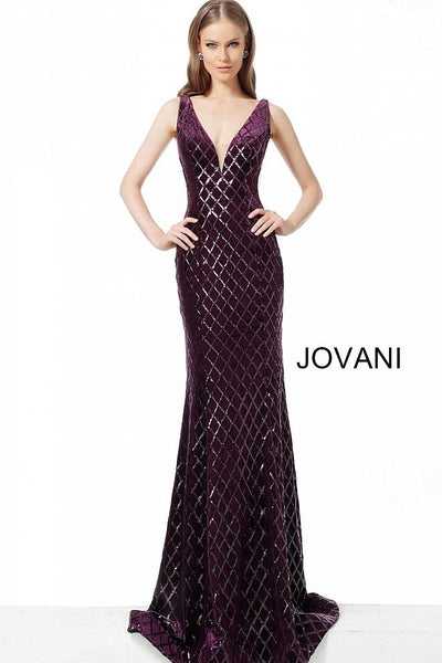 Purple Sequin Embellished Low V Neck Evening Jovani Dress 63514 - Elbisny
