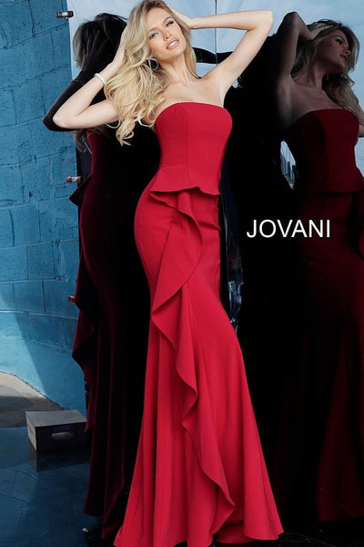 Red Strapless Straight Neck Evening Jovani Dress 68766 - Elbisny