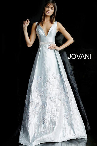 Silver A Line Sleeveless V Neck Evening Jovani Dress 62767 - Elbisny